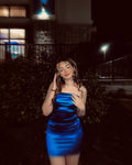 Simple Strapless Off-the-shoulder Sapphire Blue Satin Bodycon Mini Party Dress Homecoming Dress TP2470