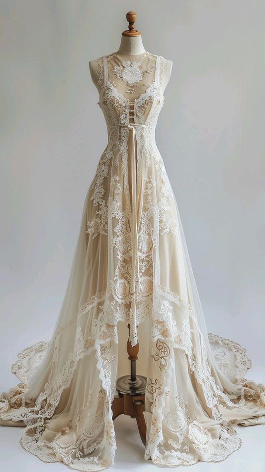 Vintage Round Neck Sleeveless Lace High-Low Train Wedding Dress TP2471