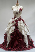 Vintage White and Red Strapless Sweetheart Neck 3D Flower Pleated Long Prom Dress Evening Dress TP2488