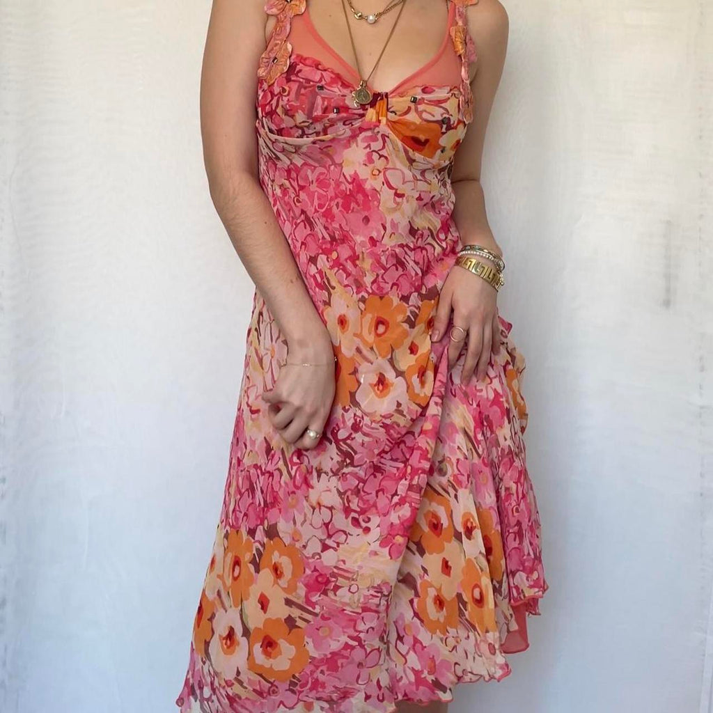 Vintage Pink Printed V Neck Sleeveless Chiffon Prom Dress Evening Dress TP2517