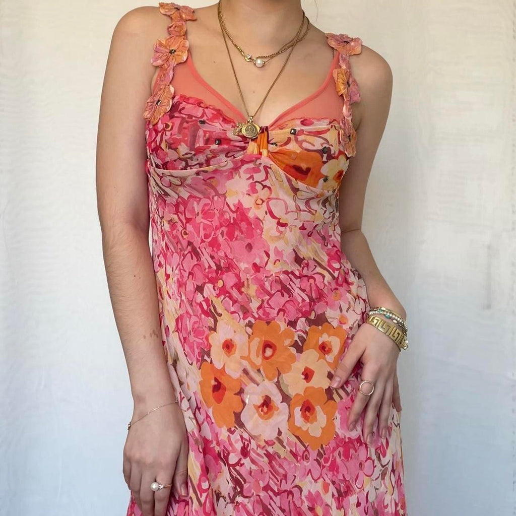 Vintage Pink Printed V Neck Sleeveless Chiffon Prom Dress Evening Dress TP2517