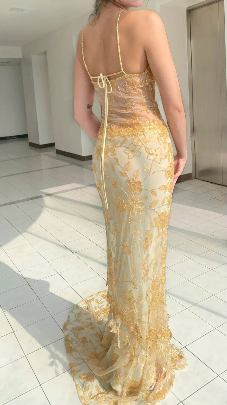Gorgeous Spaghetti Strap Sleeveless Sequin Beaded Floor-Mounting Mermaid Long Prom Dress Evening Dress TP2525