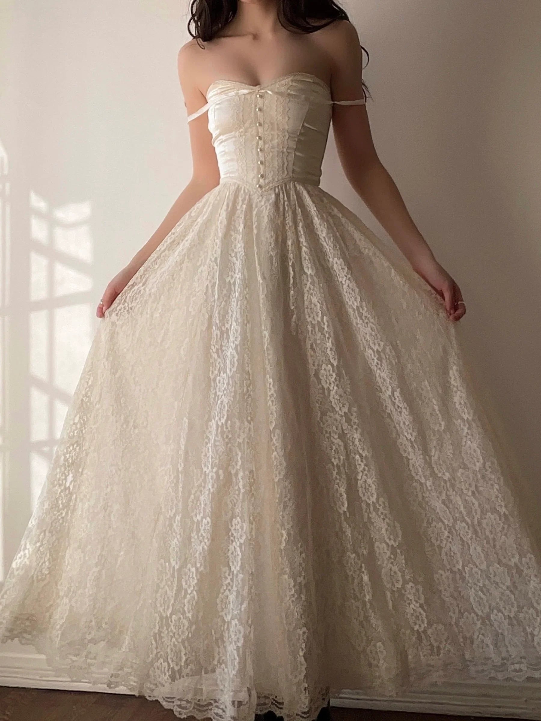Vintage Ivory Spaghetti Strap Lace A-Line Prom Dress Wedding Dress TP2530