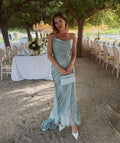 Elegant Blue Spaghetti Strap Sleeveless Pleated Backless Long Formal Prom Dress Evening Gown TP2536