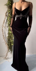 Vintage Black Velvet Spaghetti Strap Backless Mermaid Prom Dress Evening Dress TP2543