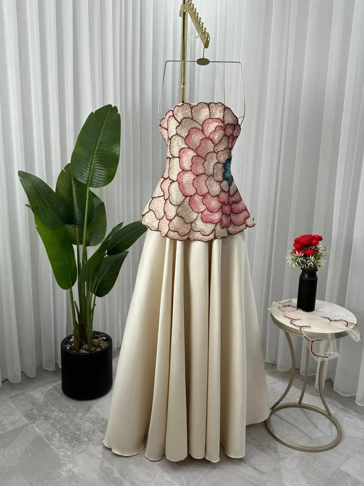 Elegant A-Line Strapless Beaded Satin Long Formal Prom Dress Evening Gown TP2558