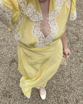 Elegant Yellow Short Sleeve Lace Trim Low Neck Long Prom Dress TP2565