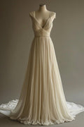 Elegant Ivory Deep V-neck Beaded A-Line Wedding Dress TP2568