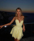Sexy Light Yellow Off Shoulder Halter Neck Lace A-Line Mini Party Dress Homecoming Dress TP2579