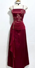 Vintage wine red suspender satin sequin A-line prom dress evening dress TP2582