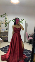 Simple Burgundy Satin Strap Slit Floor Length Prom Dress Evening Dress TP2587
