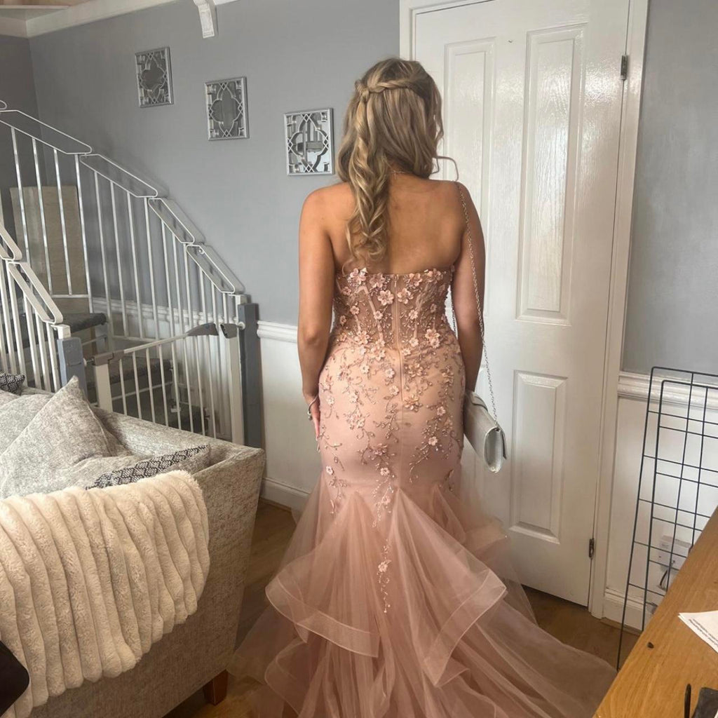 Elegant Pink Strapless Sweetheart Neck Mermaid Tulle Long Prom Dress Evening Dress TP2596