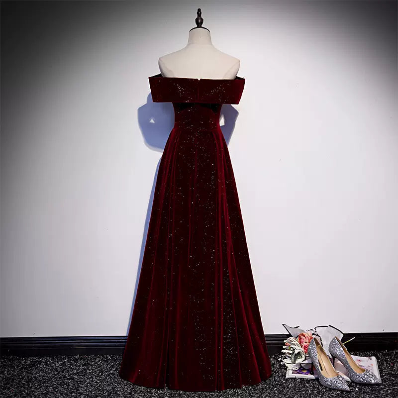 Elegant Off-the-Shoulder Burgundy Evening Gown Glitter Velvet A-Line Prom Dress TP26
