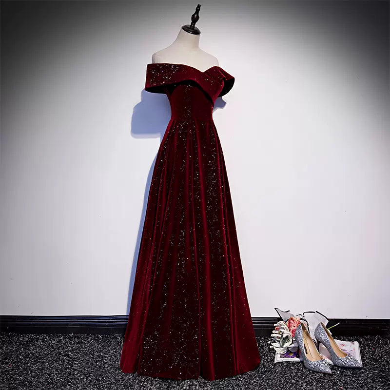 Elegant Off-the-Shoulder Burgundy Evening Gown Glitter Velvet A-Line Prom Dress TP26