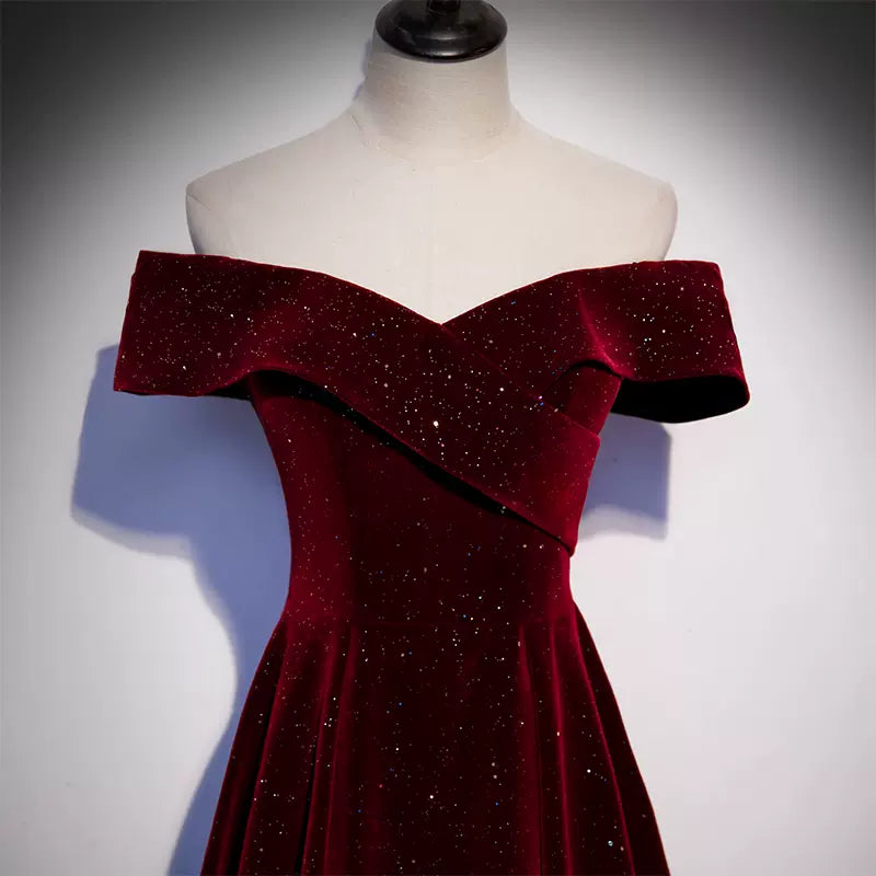 Elegant Off-the-Shoulder Burgundy Evening Gown Glitter Velvet A-Line Prom Dress TP26