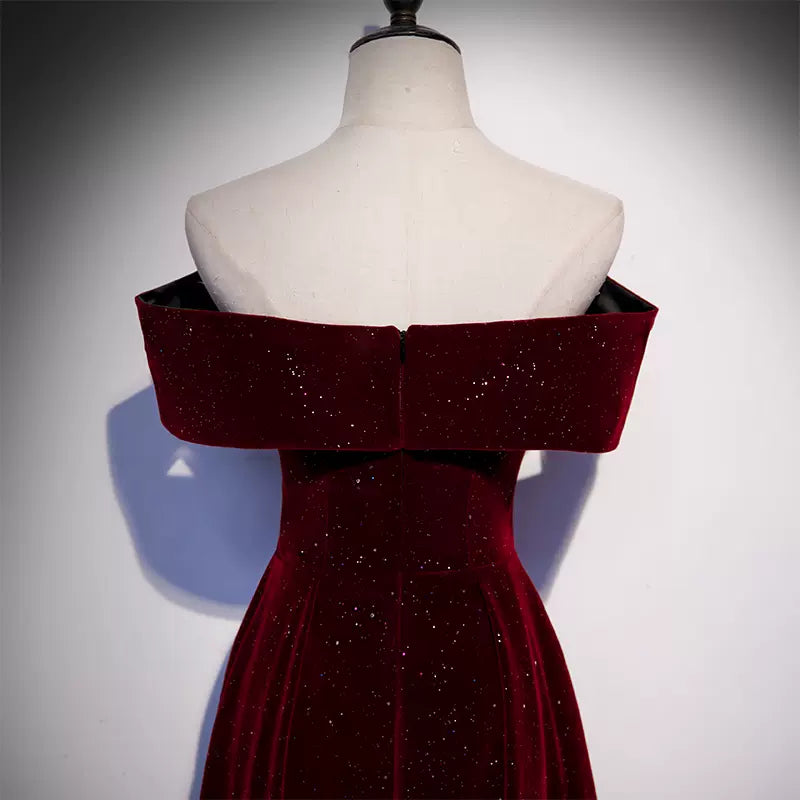 Elegant Off-the-Shoulder Burgundy Evening Gown Glitter Velvet A-Line Prom Dress TP26