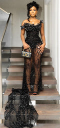 Sexy Black Off Shoulder Sparkling Mermaid Train Prom Dress Evening Dress TP2608