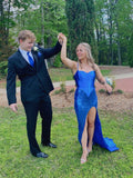 Classic Sapphire Blue Spaghetti Strap Slit Train Prom Dress Bridesmaid Dress TP2633