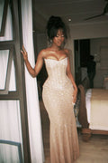 Vintage Champagne Shiny Mermaid Sleeveless Strapless Long Prom Dress Evening Dress TP2652