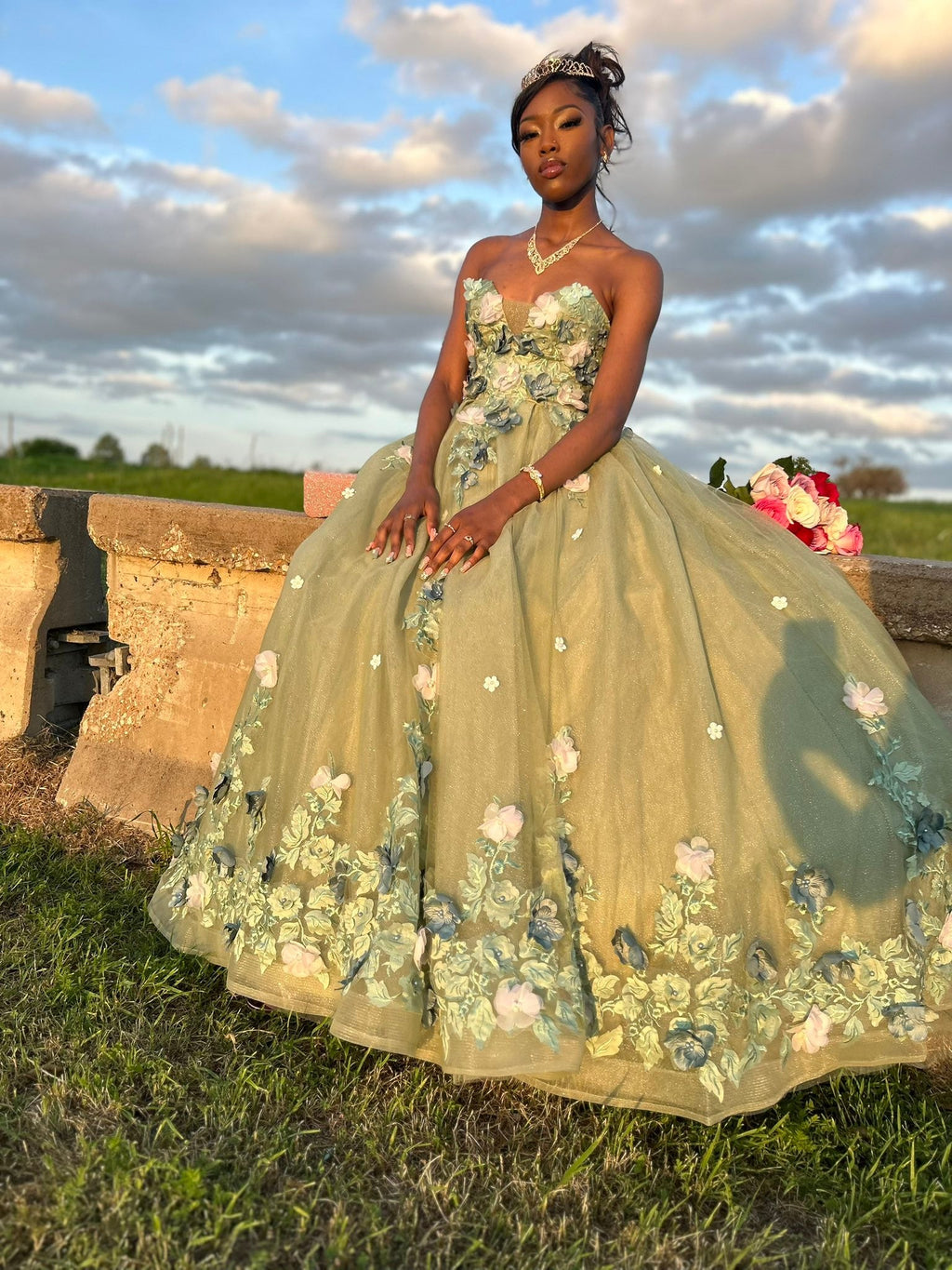 Cute Green Sleeveless 3D Flower A-Line Prom Dress Princess Dress TP2656