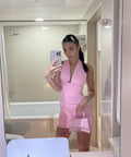 Pink Halter Plunge Neck Off Shoulder Bodycon Mini Party Dress Homecoming Dress TP2663