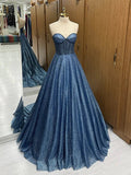 Elegant Navy A-Line Strapless Sweetheart Neck Long Formal Prom Dress Evening Gown TP2669