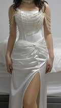 Elegant White Strap Beaded Waist Pleated Slit Wedding Dress TP2671