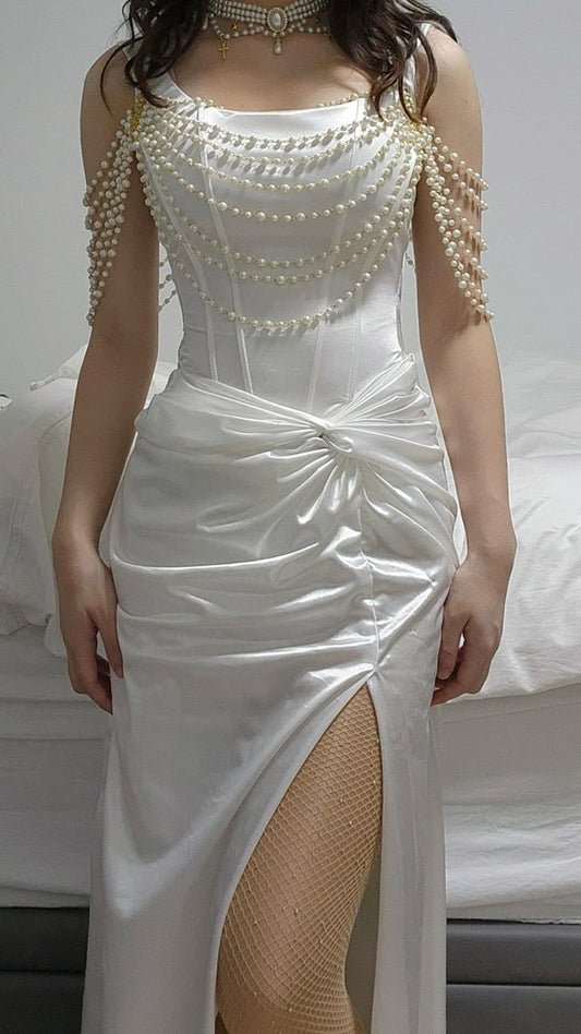 Elegant White Strap Beaded Waist Pleated Slit Wedding Dress TP2671