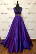 Elegant Purple Deep V Neck Straps Sleeveless A-Line Satin Slit Long Prom Dress Evening Dress TP2674