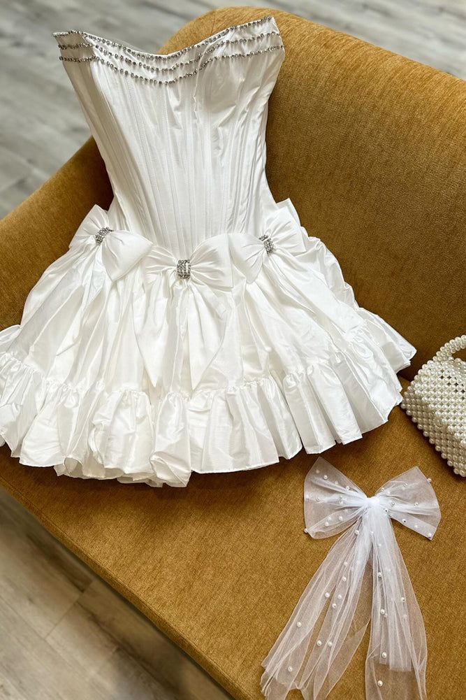 Sweet White Rhinestone A-Line Bow Mini Party Dress Homecoming Dress TP2676