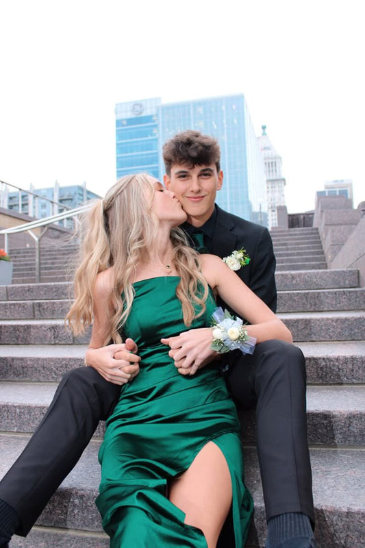 Chic Green Satin Strapless Slit Long Prom Dress Bridesmaid Dress TP2680