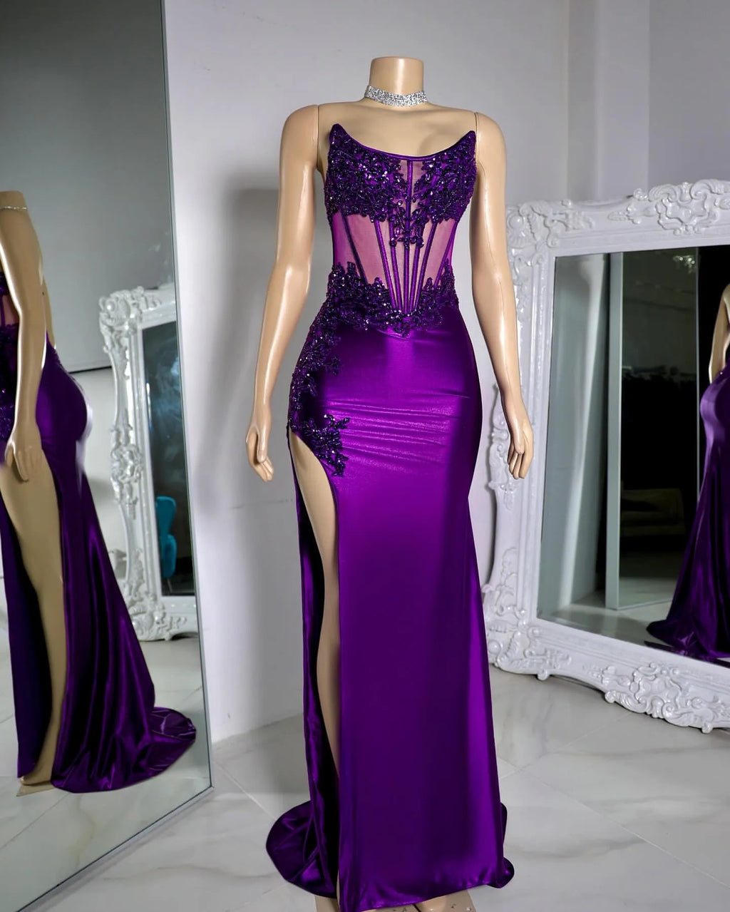 Charming Purple Off Shoulder Lace Silk Satin High Slit Mermaid Prom Dress Evening Dress TP2693