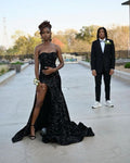 Sexy Black Off Shoulder Sweetheart Neck Sequin Slit Floor-Mounting Prom Dress Evening Dress TP2695