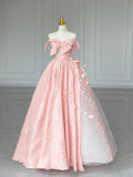Sweet Pink Off-Shoulder Bow A-Line Prom Dress Evening Gown TP2700