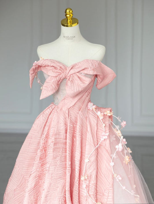 Sweet Pink Off-Shoulder Bow A-Line Prom Dress Evening Gown TP2700