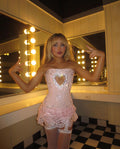 Sweet Pink Off-the-shoulder Sequined Chest Cutout Lace Trim Mini Party Dress Homecoming Dress TP2701