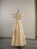 Sweet light yellow satin A-line long prom dress evening dress TP2725