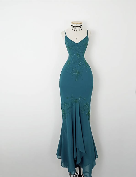 Vintage Strapless V-Neck Beaded Mermaid Chiffon Prom Dress Evening Dress TP2729
