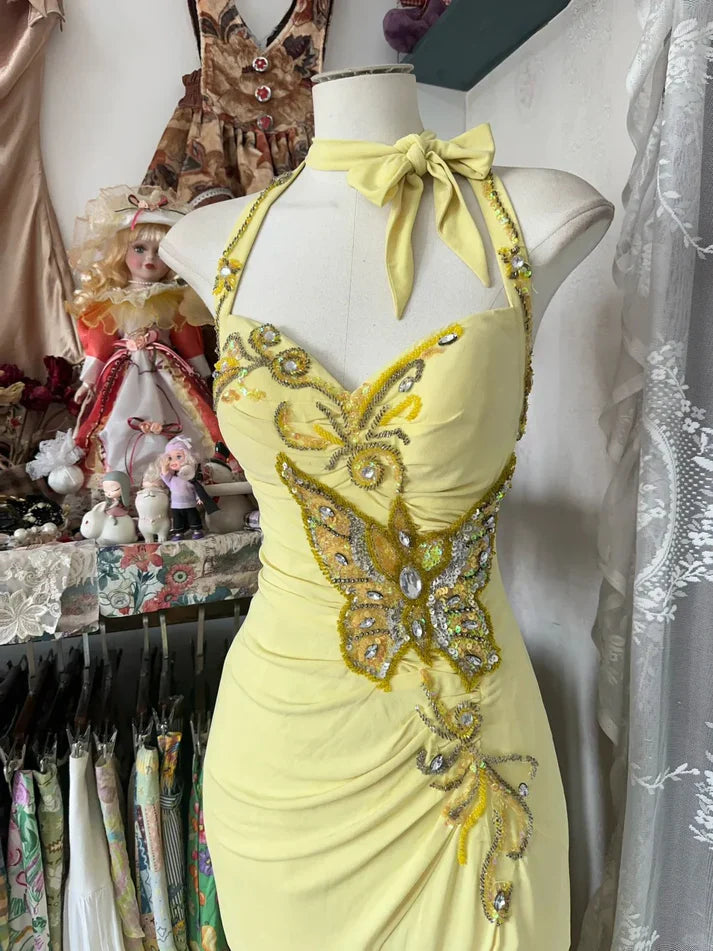 Vintage Yellow Halter Neck Sequined Backless Mermaid Prom Dress Evening Dress TP2730