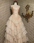 Vintage Pink Strapless Sequined Lace Trim Sweetheart Neck A-Line Prom Dress Evening Dress TP2741