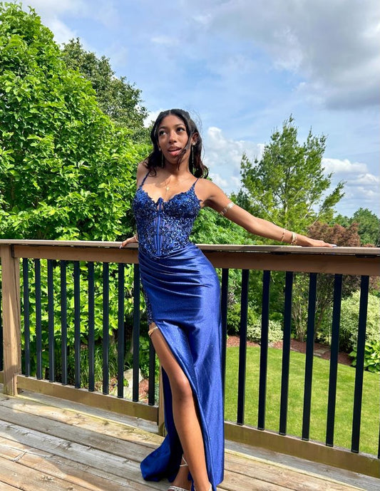 Simple navy blue sling side slit satin long mermaid prom dress evening dress TP2754