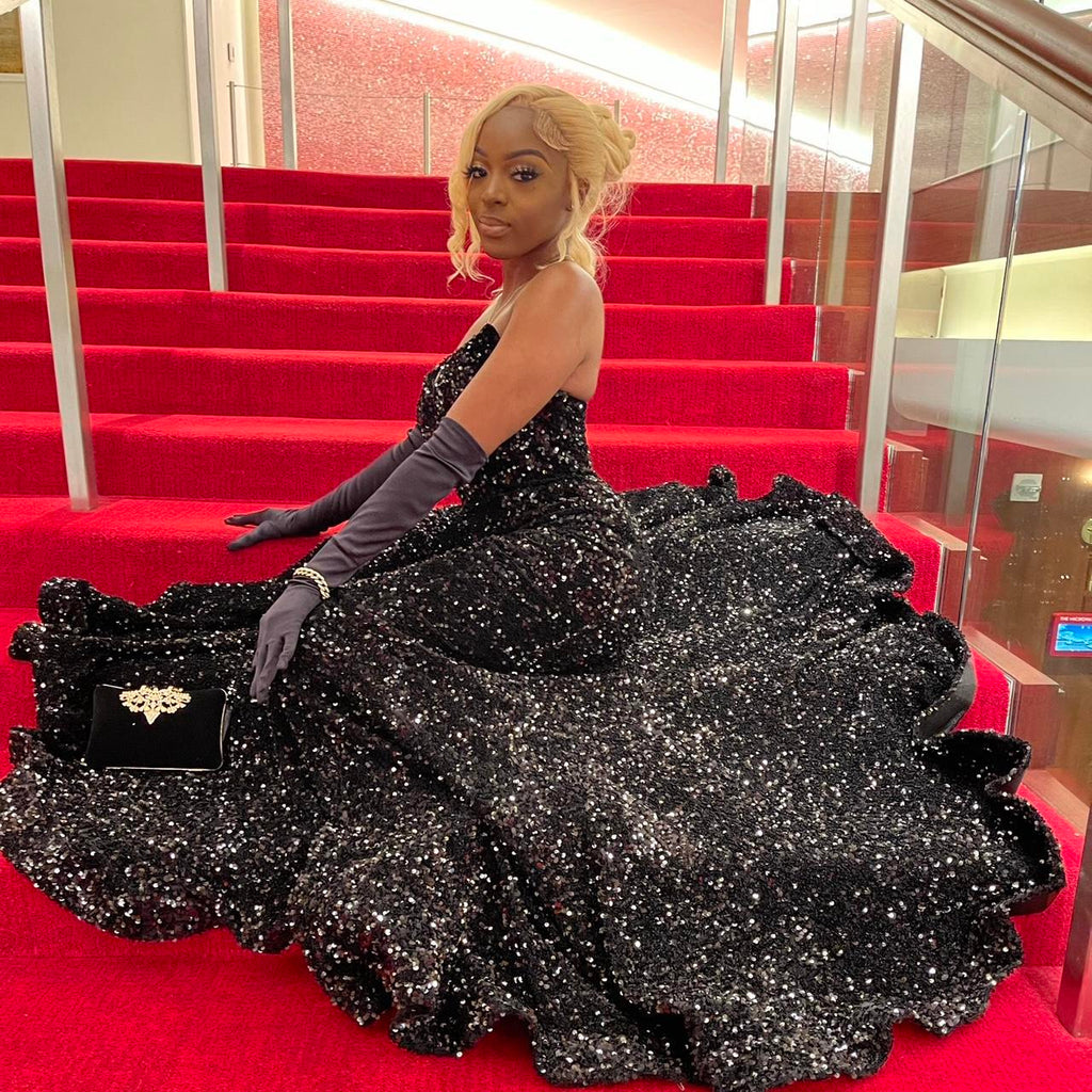 Shiny Black Off Shoulder Sleeveless Sequin Mermaid Floor-Mounting Prom Dress Evening Dress Without Gloves TP2769