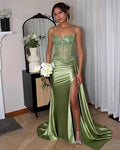 Simple Green Satin Strapless Slit Sequin Mermaid Prom Dress Evening Dress TP2770