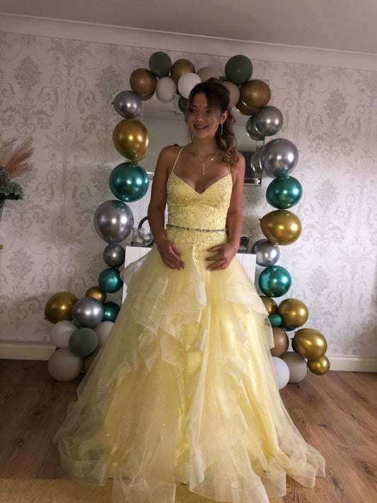 Elegant Light Yellow A-line Strapless V-neck Long Prom Dress Evening Dress TP2772