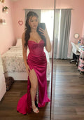 Beautiful Hot Pink Strapless Sweetheart Neck Slit Satin Floor Length Prom Dress Evening Gown TP2773