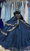 Gorgeous Navy Blue Princess Dress Off-the-shoulder A-Line Embroidered Design Prom Dress Evening Gown TP2775