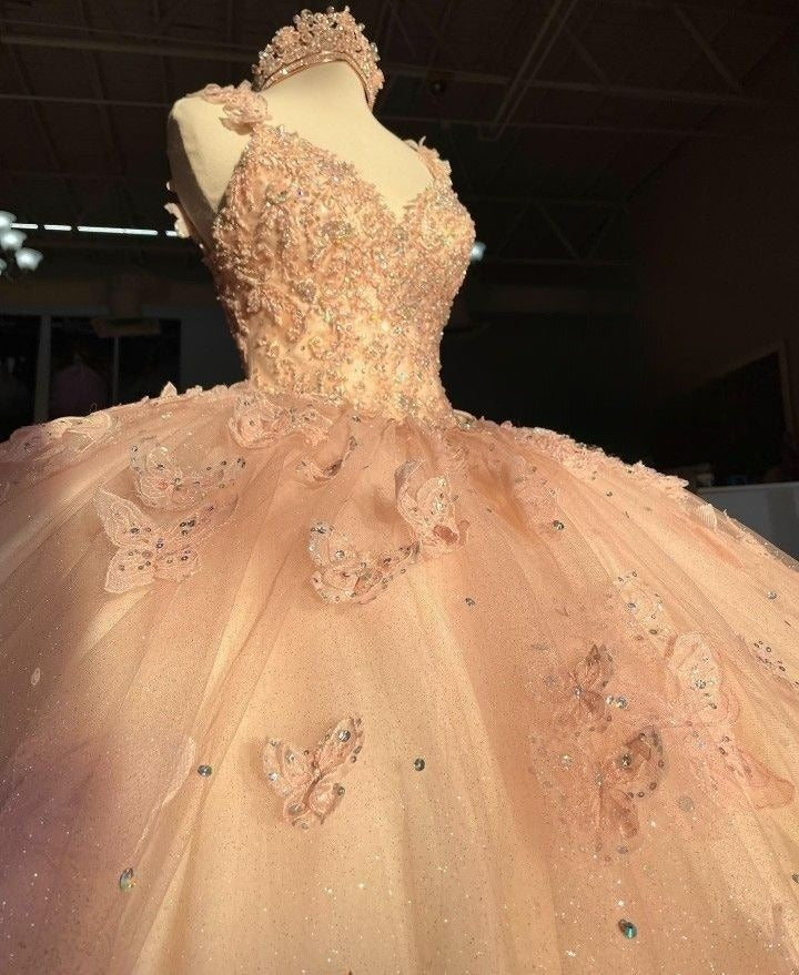 Sweet Pink Shoulder Strap Sequined Bowknot Sweet 16 Quinceanera V-neck Butterfly A-line Tulle Prom Dress Ball Gown TP2785