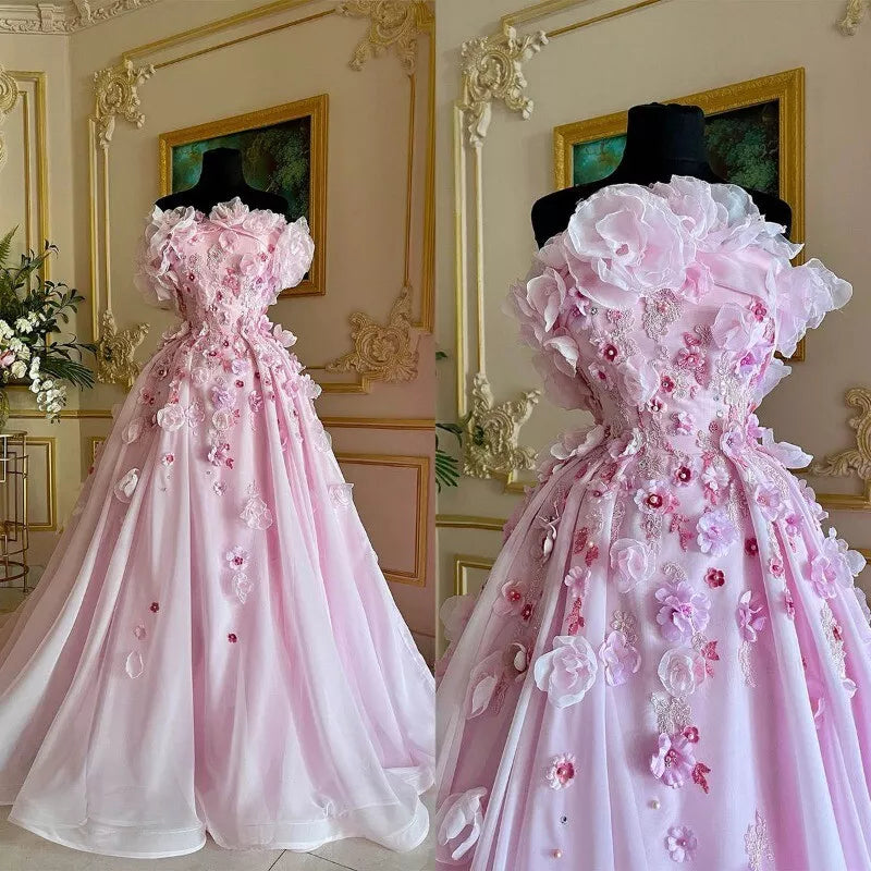 Sweet Pink Strapless 3D Flower A-Line Beaded Long Prom Dress TP2788