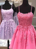 Thin Straps Short Purple Pink Lace Prom Dresses, Short Purple Pink Lace Graduation Homecoming Dresses
