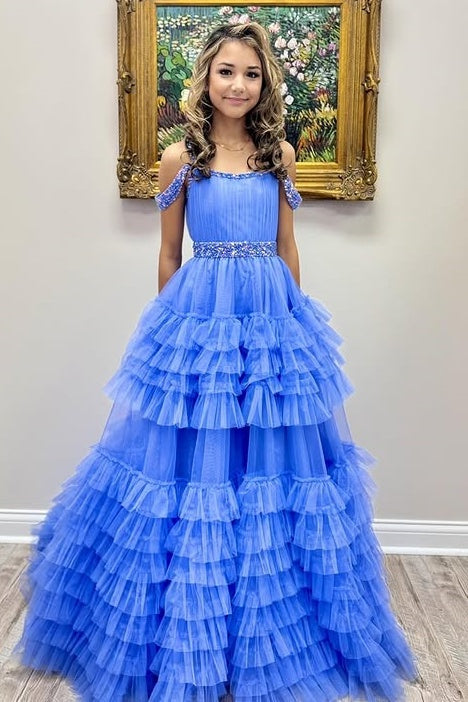 Tiered Tulle A-Line Beaded Girl Pageant Dress